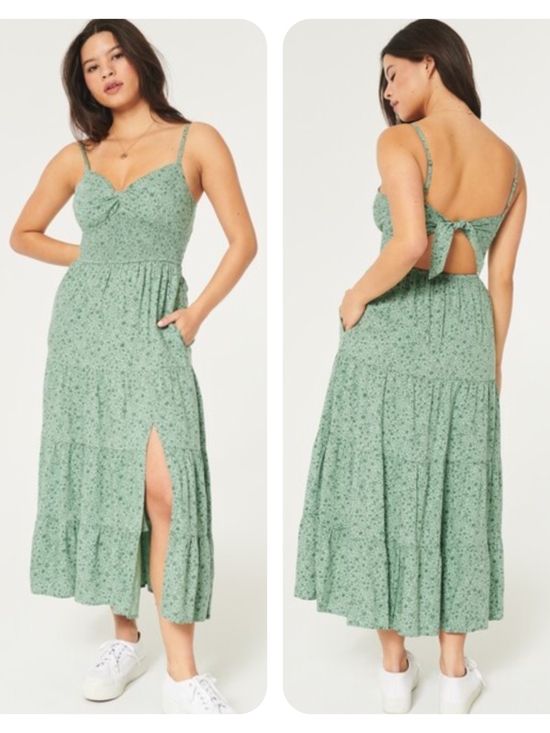 Hollister Dresses & Skirts - Hollister Green Floral Twist Bust Tie-Back Midi Dress With Slit XL